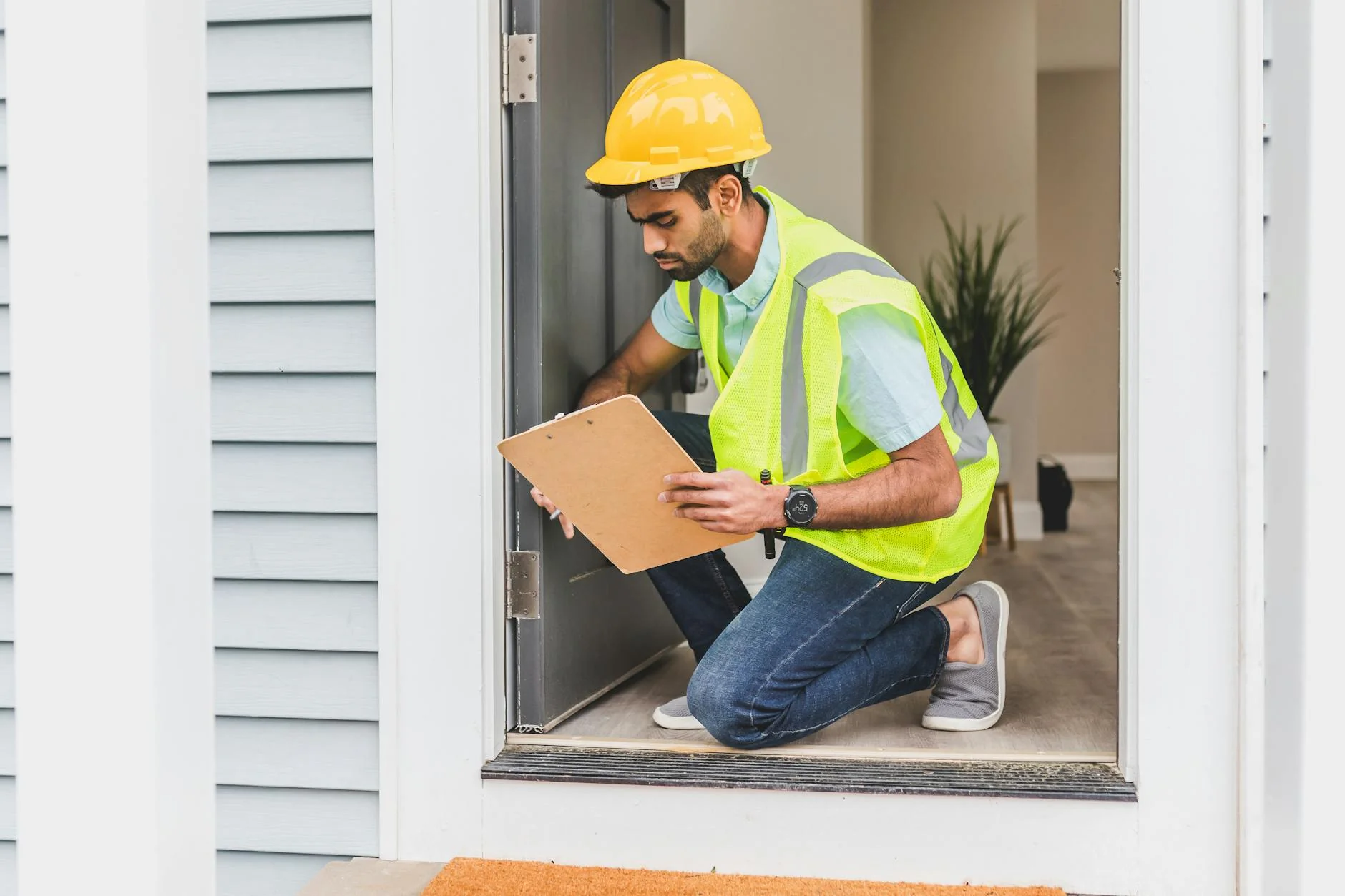 Subcontractor on a construction site reviewing a paper document with a hard hat and tools nearby